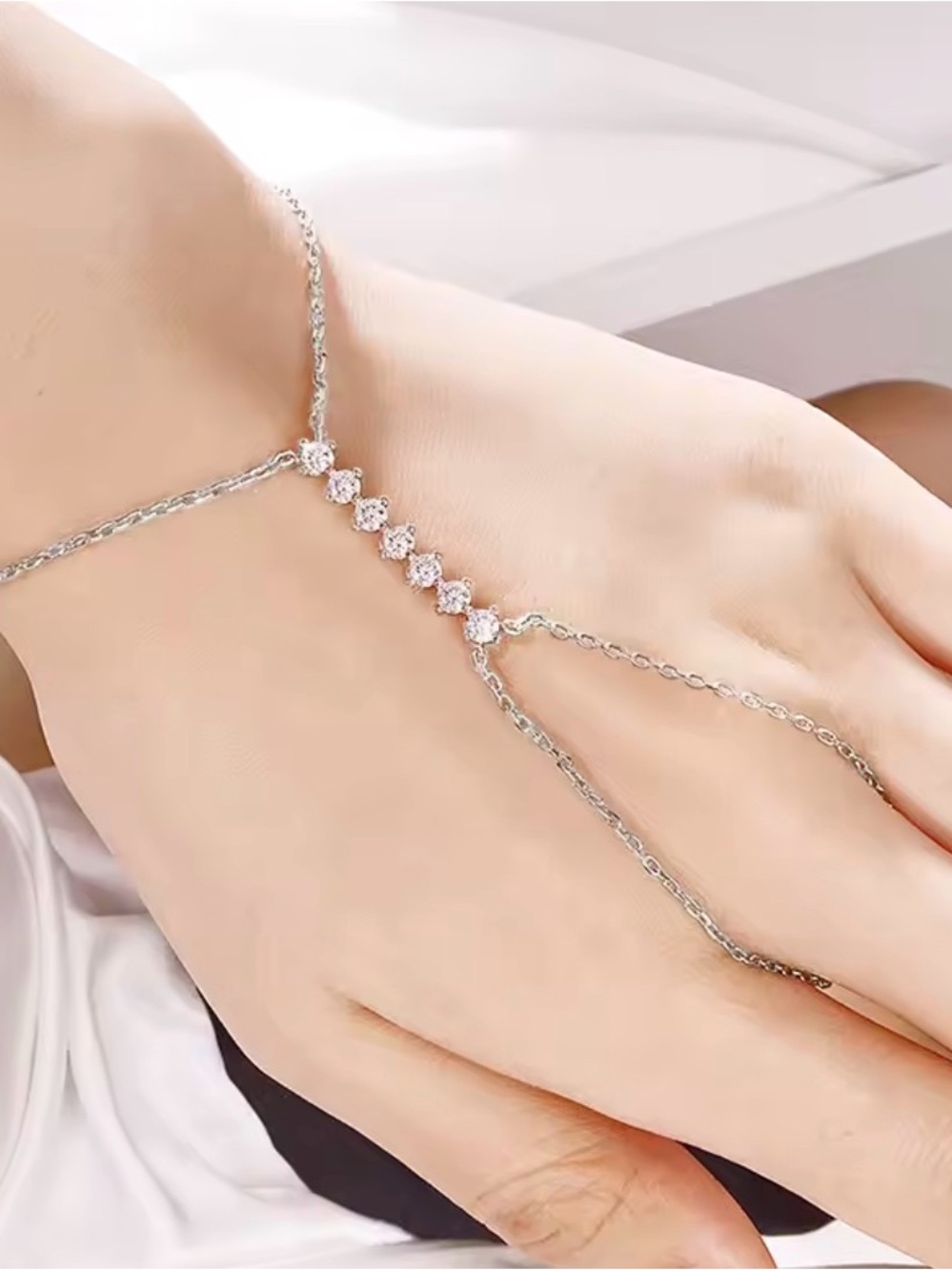 Delicate Silver Crystal Hand Chain Bracelet - Silver. moissanite 3mm stone